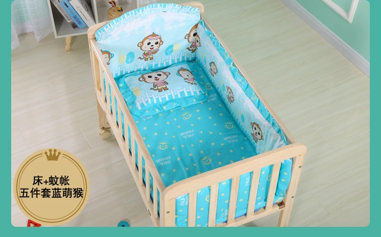 Baby Wooden Crib with Mosquito Net Baby Rocking Crib with Roller Newborn Infant Game Bed Computer Table Baby Cot Bedding Set