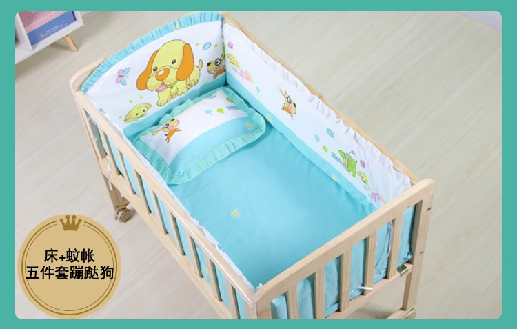 Baby Wooden Crib with Mosquito Net Baby Rocking Crib with Roller Newborn Infant Game Bed Computer Table Baby Cot Bedding Set