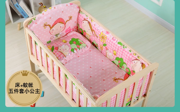 Baby Wooden Crib with Mosquito Net Baby Rocking Crib with Roller Newborn Infant Game Bed Computer Table Baby Cot Bedding Set