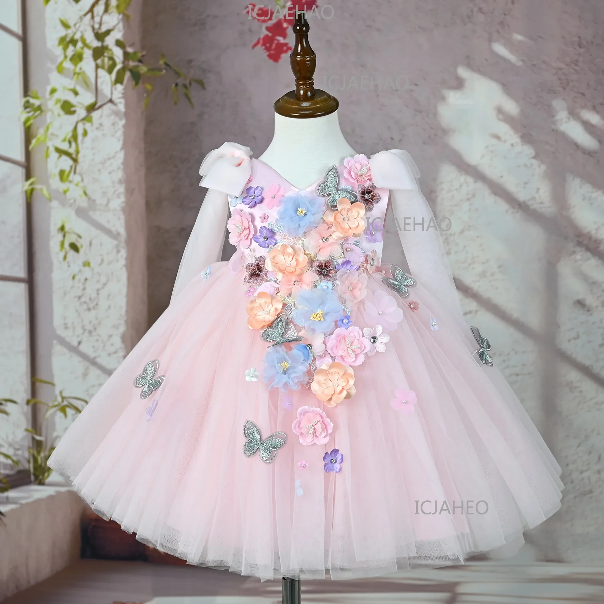 2026 Kids Handmade 3D Applique Tulle Sleeveless Dress New ChildrenGirl Party Banquet Clothes Girls Gown Princess Wedding Flower