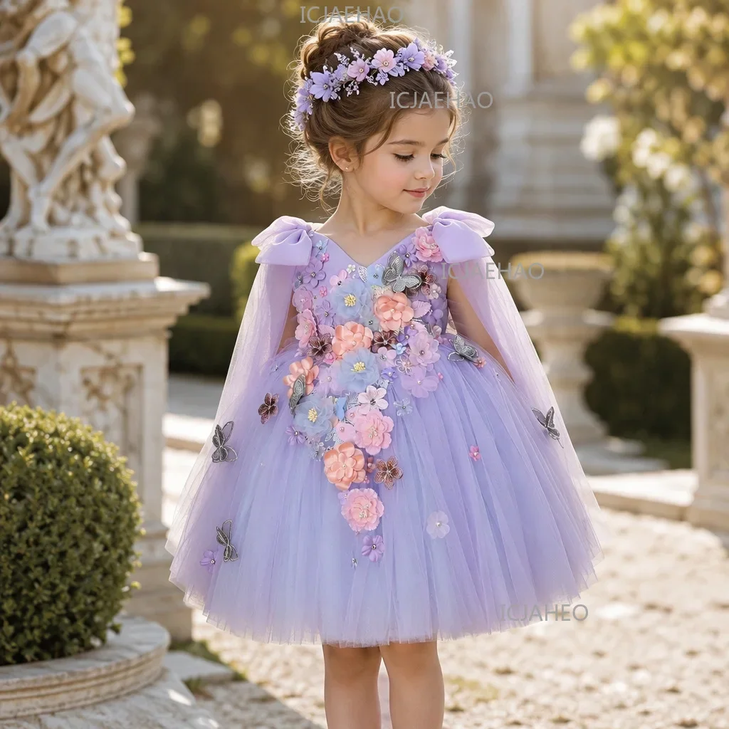 2026 Kids Handmade 3D Applique Tulle Sleeveless Dress New ChildrenGirl Party Banquet Clothes Girls Gown Princess Wedding Flower