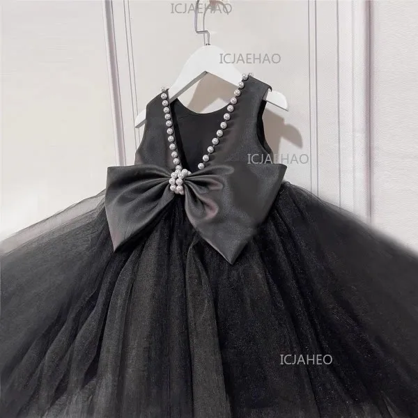 2026 Kids Host Runway Gown New Children Girls Black Satin Elegant Piano Violin Performance Show Dress Fashion Evening Costume