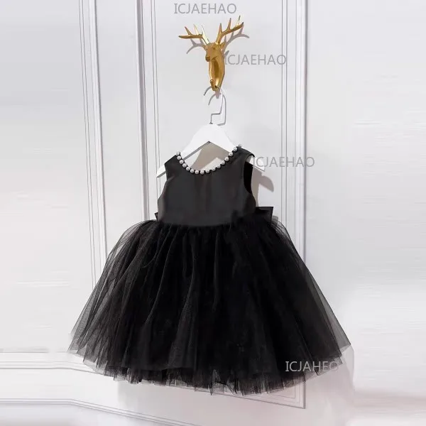 2026 Kids Host Runway Gown New Children Girls Black Satin Elegant Piano Violin Performance Show Dress Fashion Evening Costume