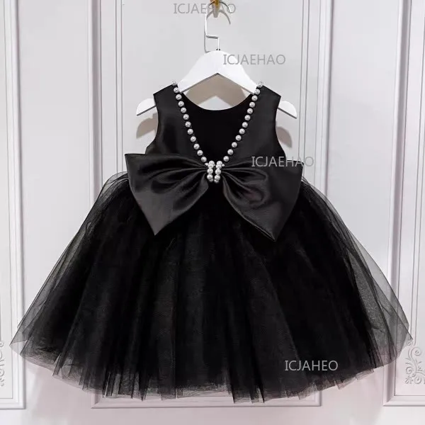 2026 Kids Host Runway Gown New Children Girls Black Satin Elegant Piano Violin Performance Show Dress Fashion Evening Costume