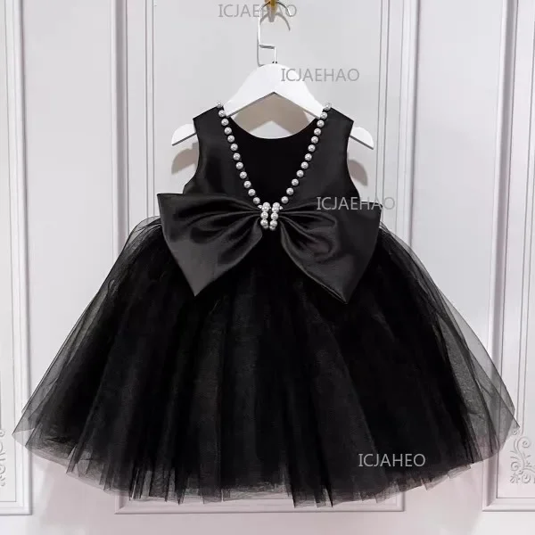 2026 Kids Host Runway Gown New Children Girls Black Satin Elegant Piano Fashion Evening Costume Violin Performance Show Dress