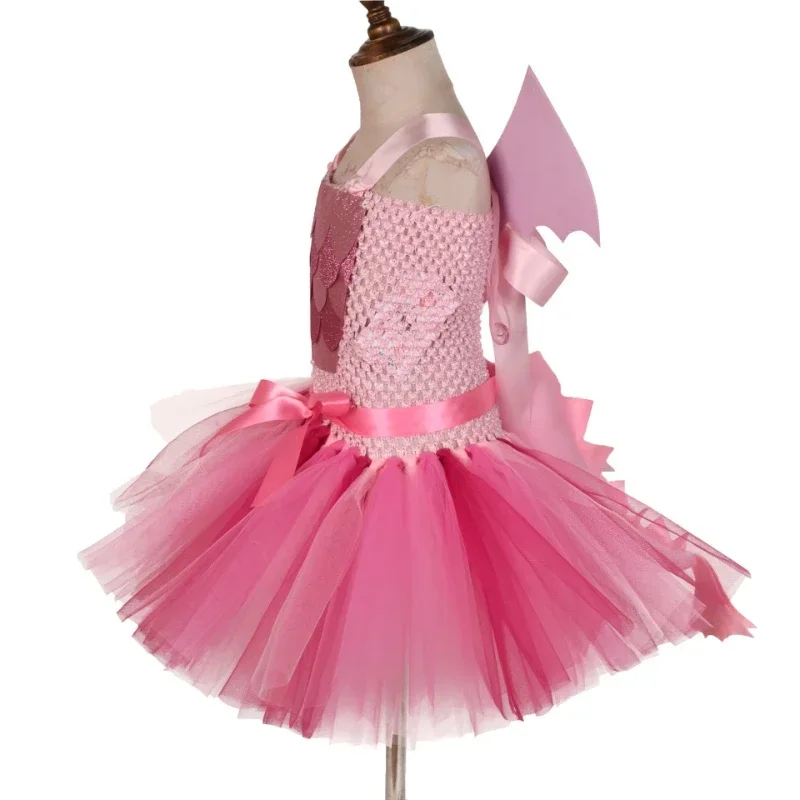 4-Piece Kids Dinosaur Outfit,Fluffy Tutu Skirt Set, Kids Party & Holiday Stage Clothing for Halloween and Christmas Performances