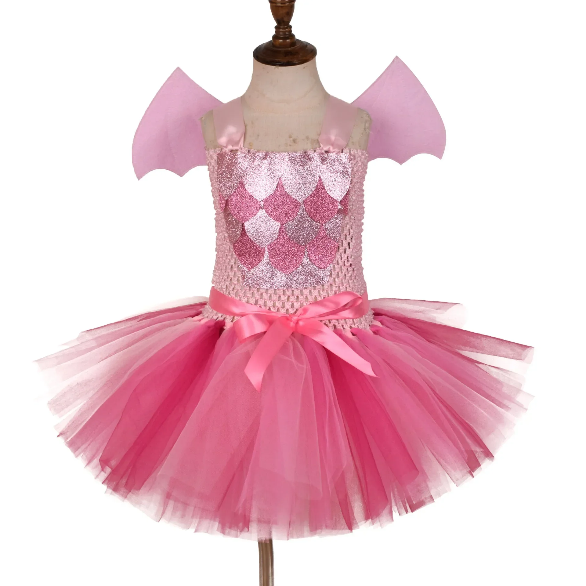 4-Piece Kids Dinosaur Outfit,Fluffy Tutu Skirt Set, Kids Party & Holiday Stage Clothing for Halloween and Christmas Performances