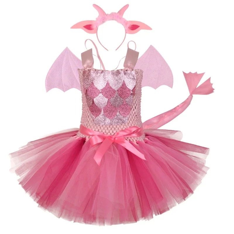 4-Piece Kids Dinosaur Outfit,Fluffy Tutu Skirt Set, Kids Party & Holiday Stage Clothing for Halloween and Christmas Performances