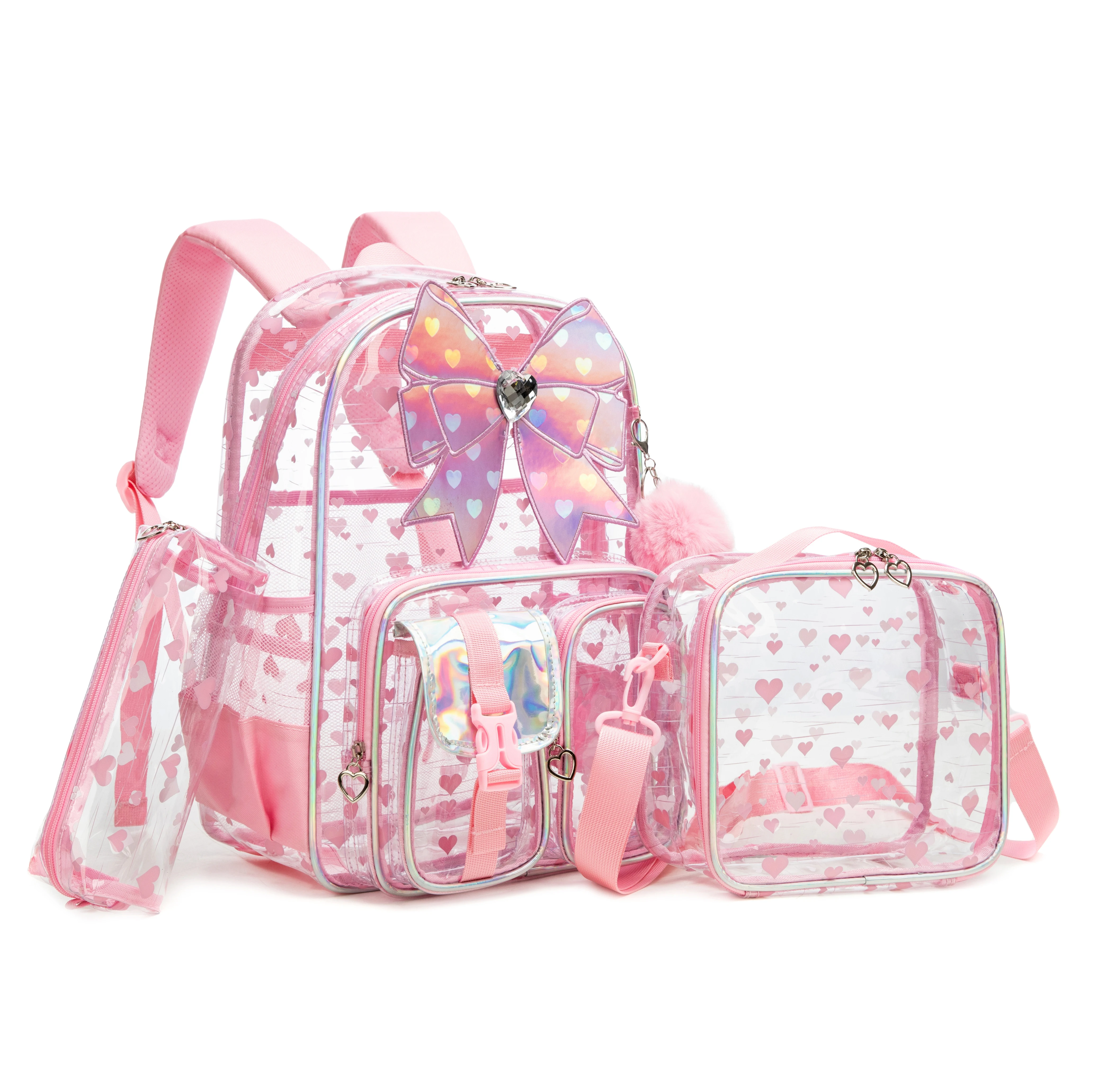 Pink Monogram Heavy duty Clear Backpack Kids Transparent Backpacks for School Girls Elementary Bookbag Stadium Concert College