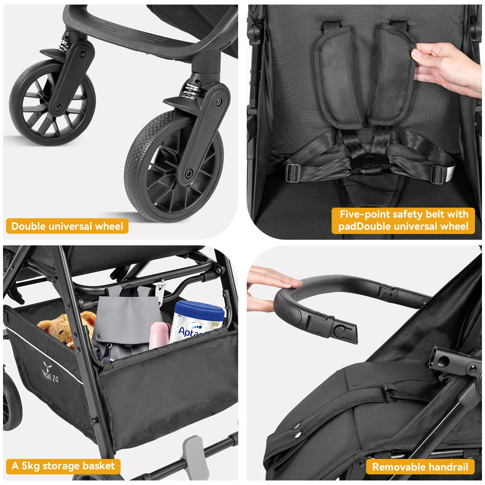 2 in 1 Baby Stroller Foldable Pram Pushchair for Newborn Infant Toddler Lightweight Travel Buggy with Sit and Lie Function Adjustable Canopy Five Point Safety Harness Shock Absorbing Wheels Large Storage Basket Portable Baby Carriage