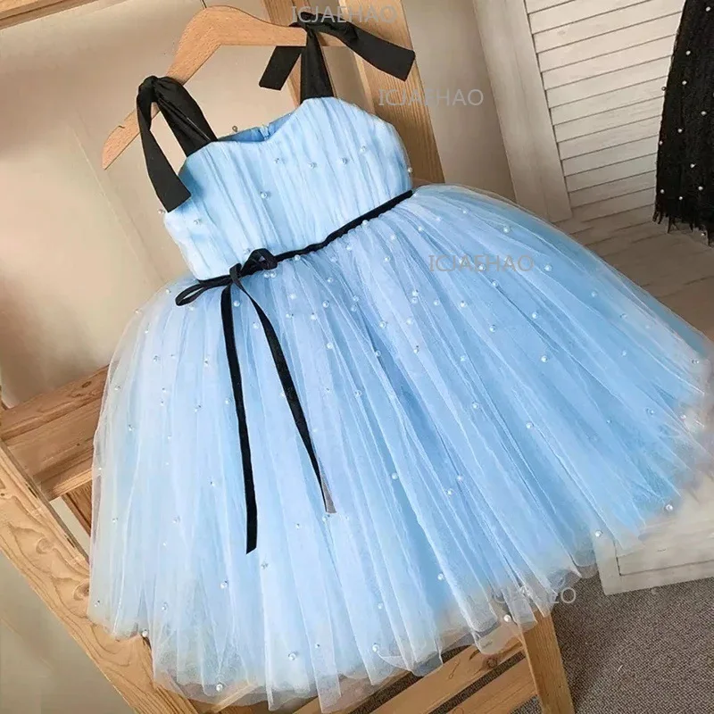 Kids Strapless Sleeveless Gown Princess Dress Stage Performance Pearl Bow Design Girls Formal Wedding Flower Girl Party Banquet