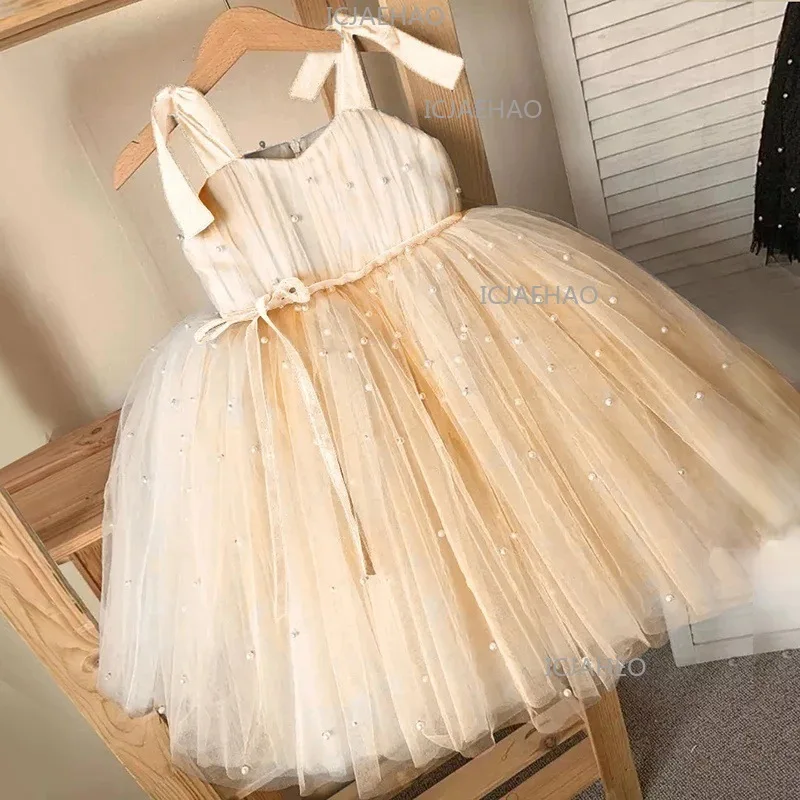 Kids Strapless Sleeveless Gown Princess Dress Stage Performance Pearl Bow Design Girls Formal Wedding Flower Girl Party Banquet