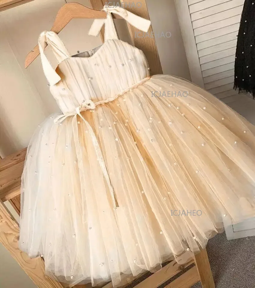 Kids Strapless Sleeveless Gown Princess Dress Stage Performance Pearl Bow Design Girls Formal Wedding Flower Girl Party Banquet