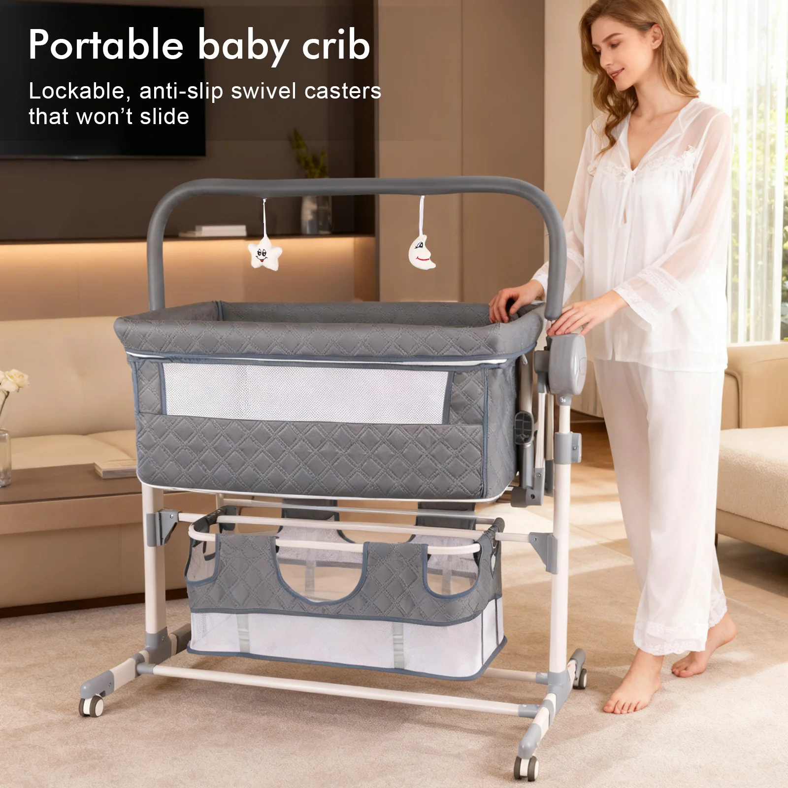 Newborn Electric Baby Crib Automatic Rocking Cradle with 5 Swing Speeds Remote Control Bluetooth Music Timer Height Adjustable Breathable Mesh Mattress Mosquito Net Storage Basket Lockable Wheels for Infant Nursery