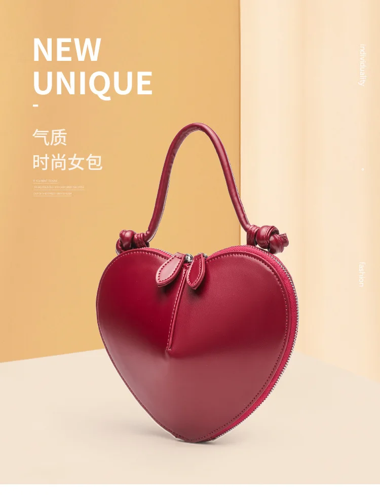Heart Shaped Mini Top Handle Bag For Women Knotted Handle Zipper Closure Sweet Party Evening Crossbody Shoulder Purse