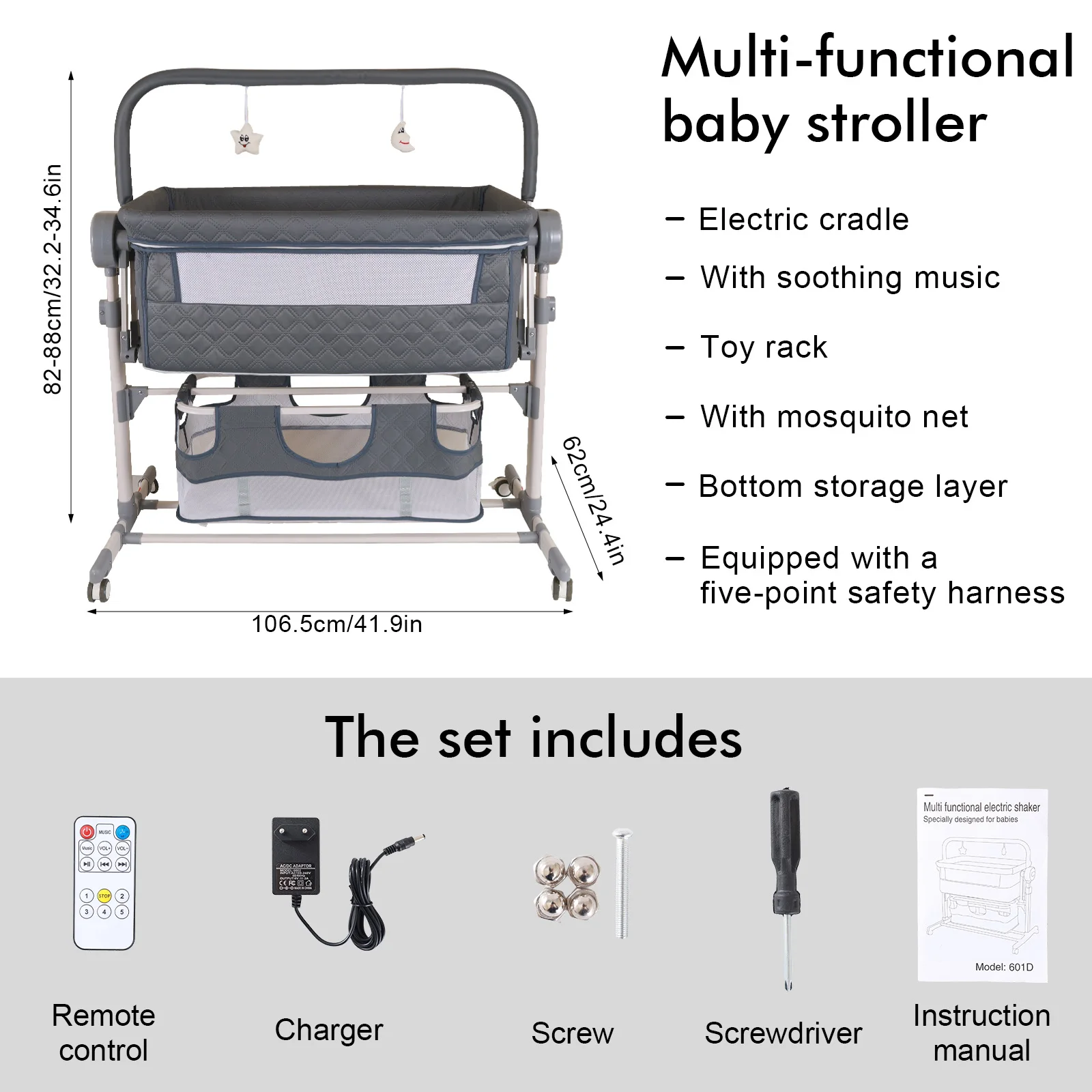 Electric Rocking Baby Crib with Remote Control Bluetooth Music 5 Swing Speeds Timer Adjustable Height Breathable Mesh Mattress Mosquito Net Storage Basket Lockable Wheels Automatic Cradle for Newborn Infant Nursery