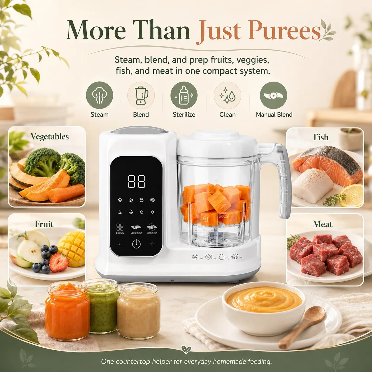 Baby Food Maker with Steam Basket, One-Touch Cooking, Blending and Self-Cleaning for Homemade Baby Puree,All-in-One Baby Food Processor White