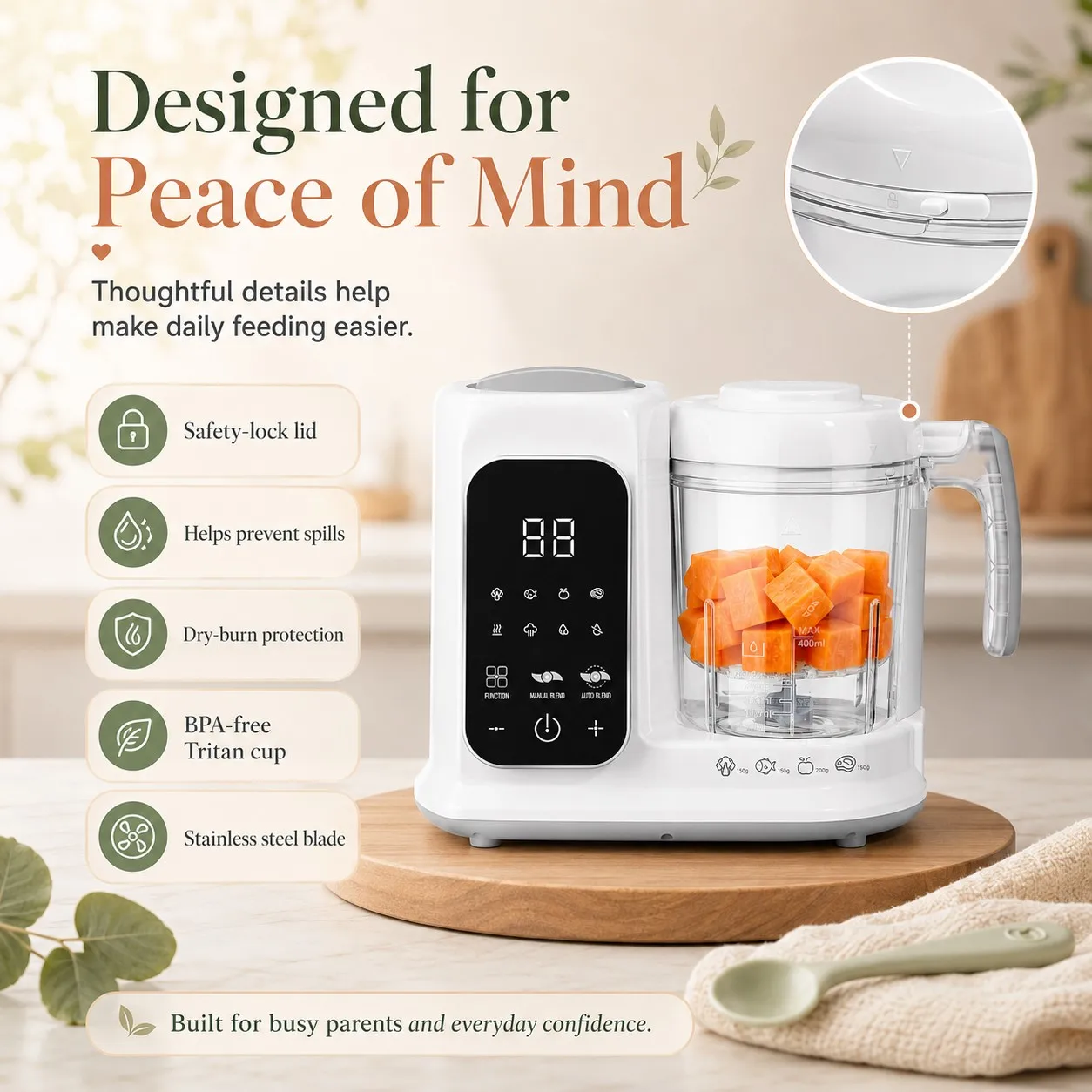 Baby Food Maker with Steam Basket, One-Touch Cooking, Blending and Self-Cleaning for Homemade Baby Puree,All-in-One Baby Food Processor White