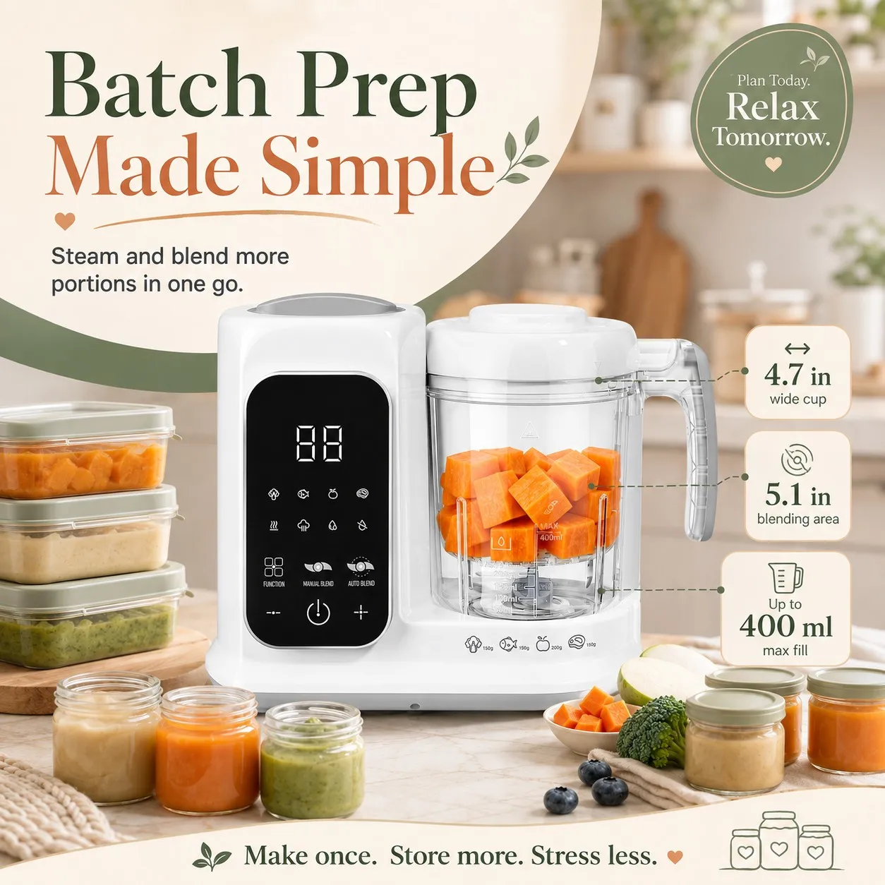 Baby Food Maker with Steam Basket, One-Touch Cooking, Blending and Self-Cleaning for Homemade Baby Puree,All-in-One Baby Food Processor White