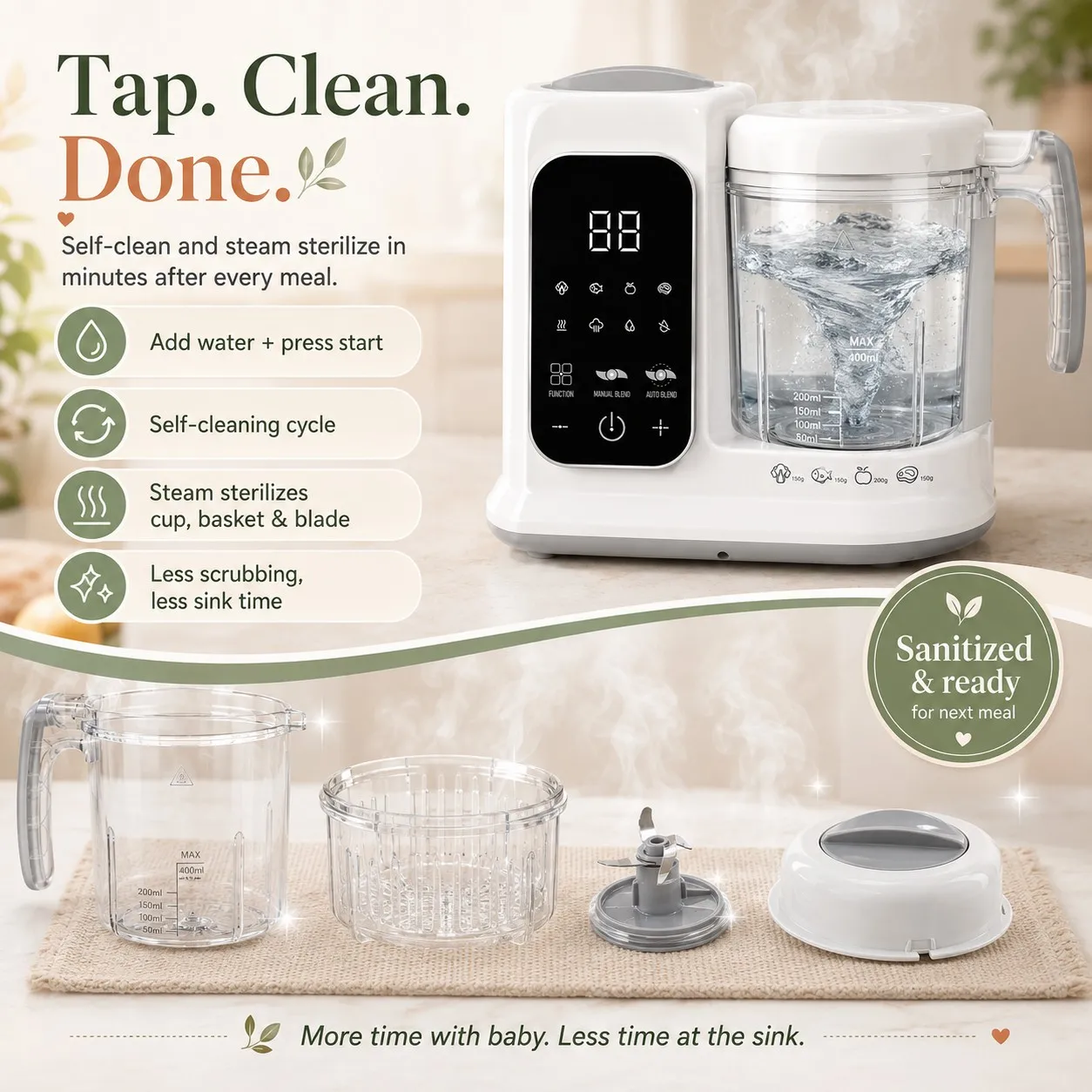 Baby Food Maker with Steam Basket, One-Touch Cooking, Blending and Self-Cleaning for Homemade Baby Puree,All-in-One Baby Food Processor White