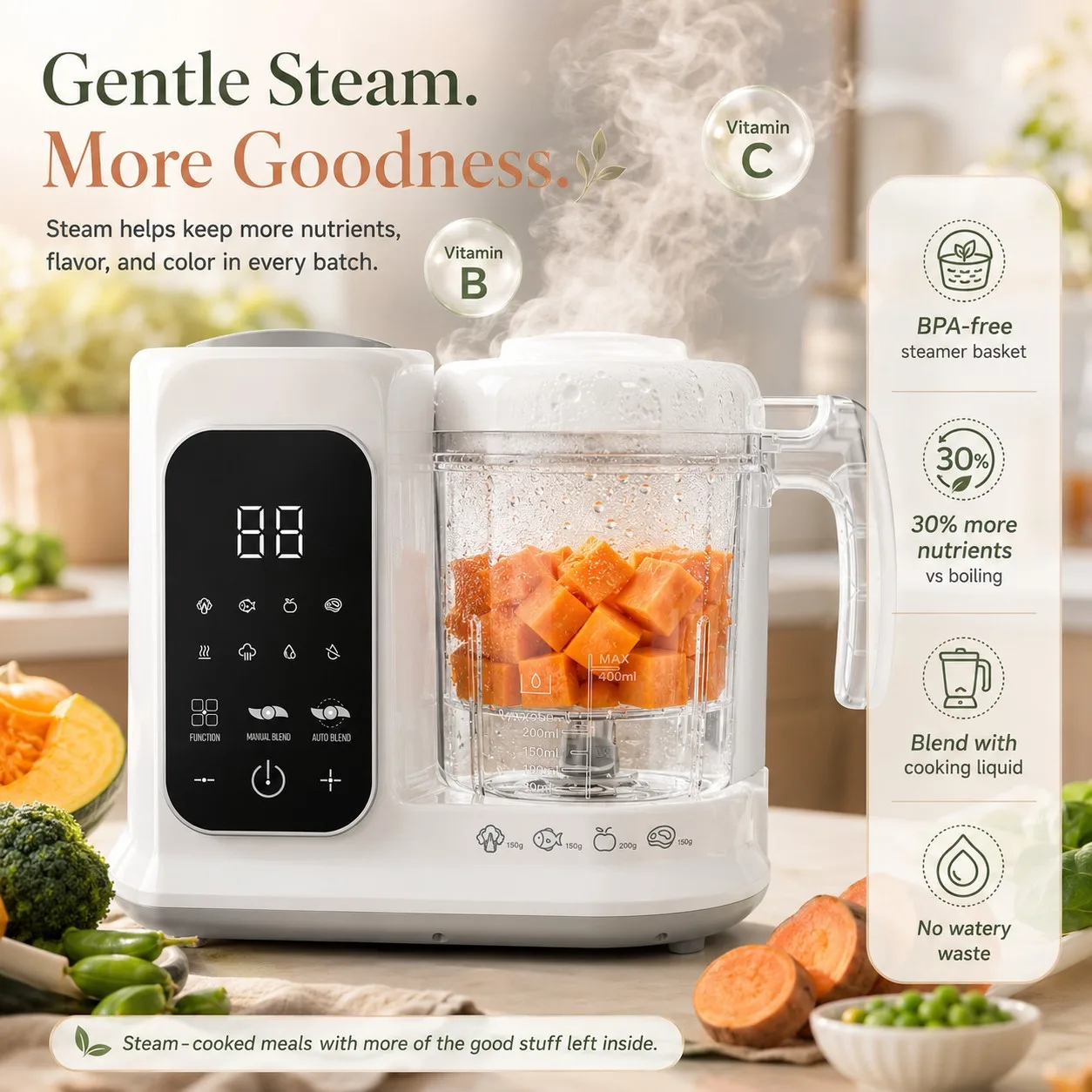 Baby Food Maker with Steam Basket, One-Touch Cooking, Blending and Self-Cleaning for Homemade Baby Puree,All-in-One Baby Food Processor White