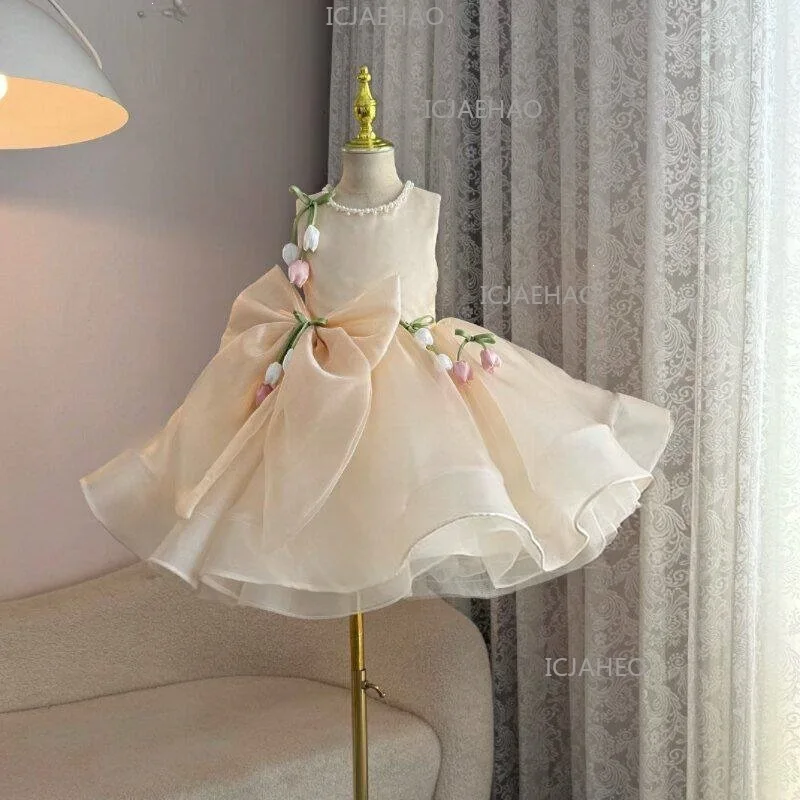 2026 Children Flower Girl Wedding Little Gown Satin Champagne Lace Girls Host Performance Birthday Party Banquet Princess Dress