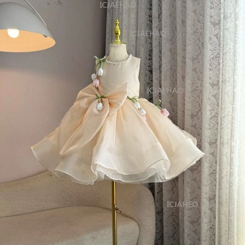 2026 Children Flower Girl Wedding Little Gown Satin Champagne Lace Girls Host Performance Birthday Party Banquet Princess Dress