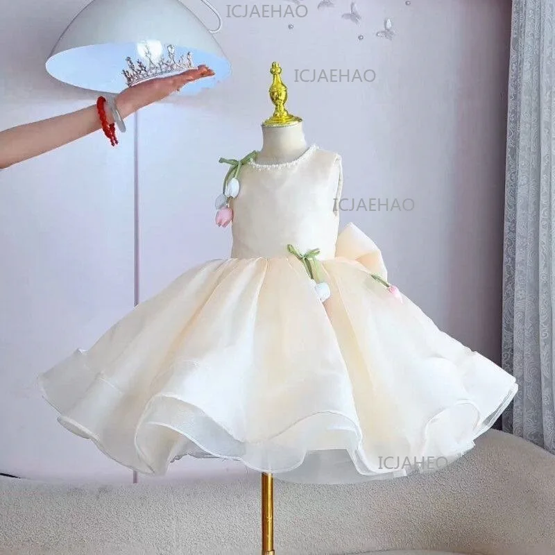 2026 Children Flower Girl Wedding Little Gown Satin Champagne Lace Girls Host Performance Birthday Party Banquet Princess Dress