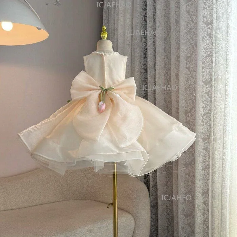 2026 Children Flower Girl Wedding Little Gown Satin Champagne Lace Girls Host Performance Birthday Party Banquet Princess Dress