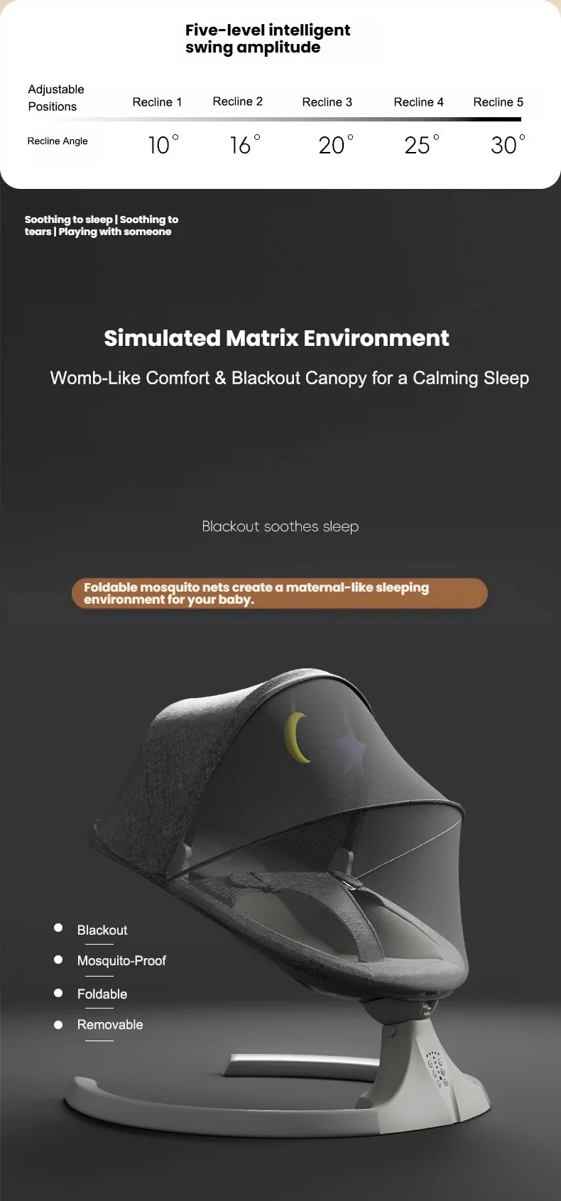 Portable Electric Baby Swing 15KG Capacity Infant Rocker Chair Dual Power Battery Plug In with Bluetooth Music Remote Control 5 Speed Sway Adjustable Recline Timer Mosquito Net Safety Harness Stable Base Baby Bouncer