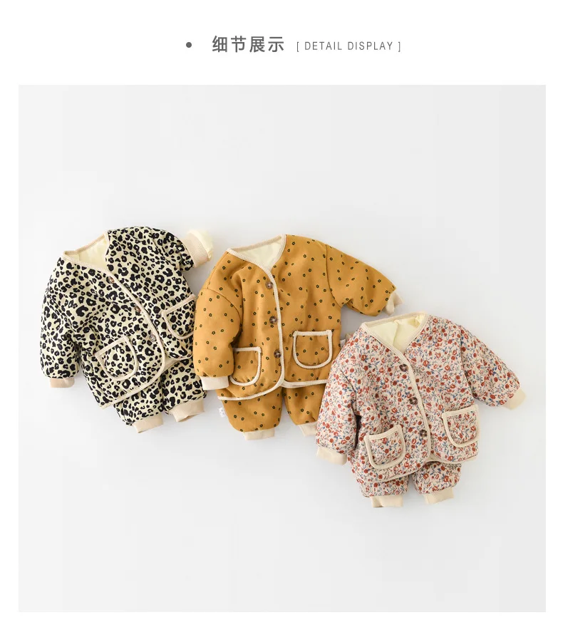 2026 Winter New Baby Warm Clothes Set Cute Leopard Floral Coat + Pants 2pcs Suit Vintage Baby Girl Outfits Infant Jacket Set
