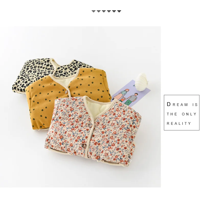 2026 Winter New Baby Warm Clothes Set Cute Leopard Floral Coat + Pants 2pcs Suit Vintage Baby Girl Outfits Infant Jacket Set