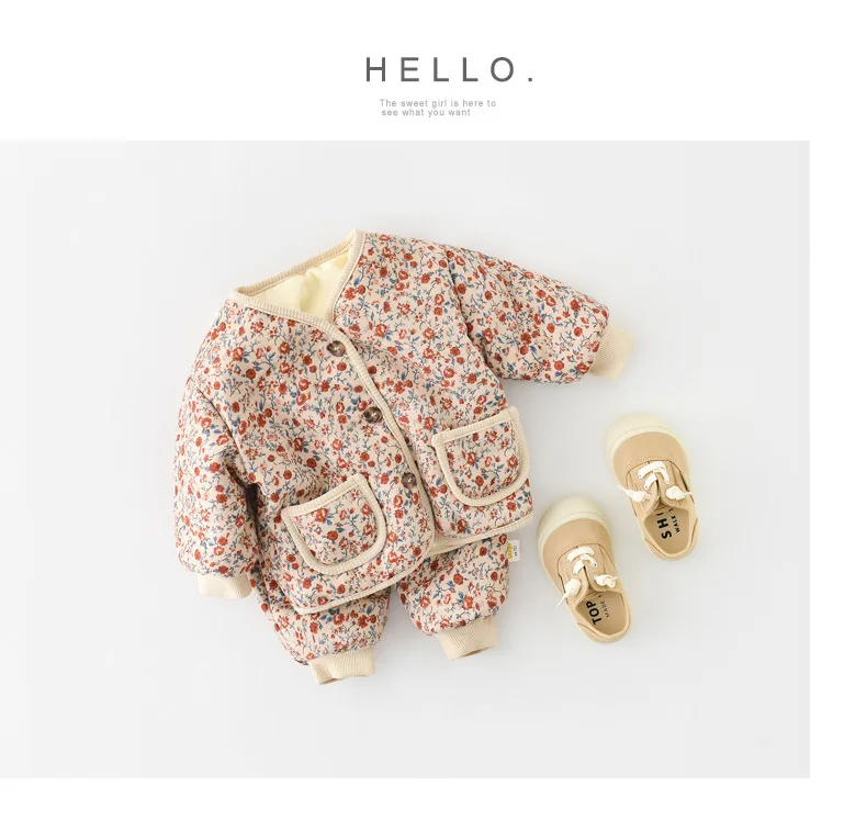 2026 Winter New Baby Warm Clothes Set Cute Leopard Floral Coat + Pants 2pcs Suit Vintage Baby Girl Outfits Infant Jacket Set