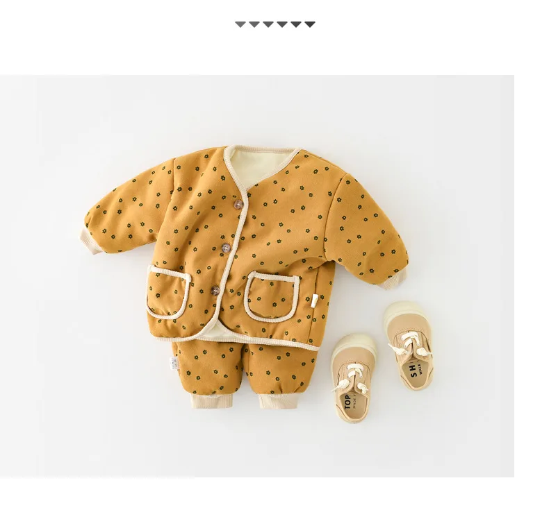 2026 Winter New Baby Warm Clothes Set Cute Leopard Floral Coat + Pants 2pcs Suit Vintage Baby Girl Outfits Infant Jacket Set