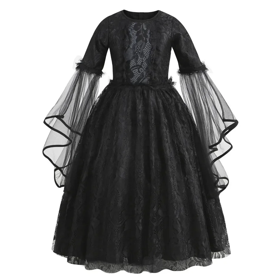 Girls Gothic Dark Ghost Bride Costume Long Sleeve Lace Tulle Dress Red Rose Flower Veil Kid Halloween Cosplay Party Fancy Outfit