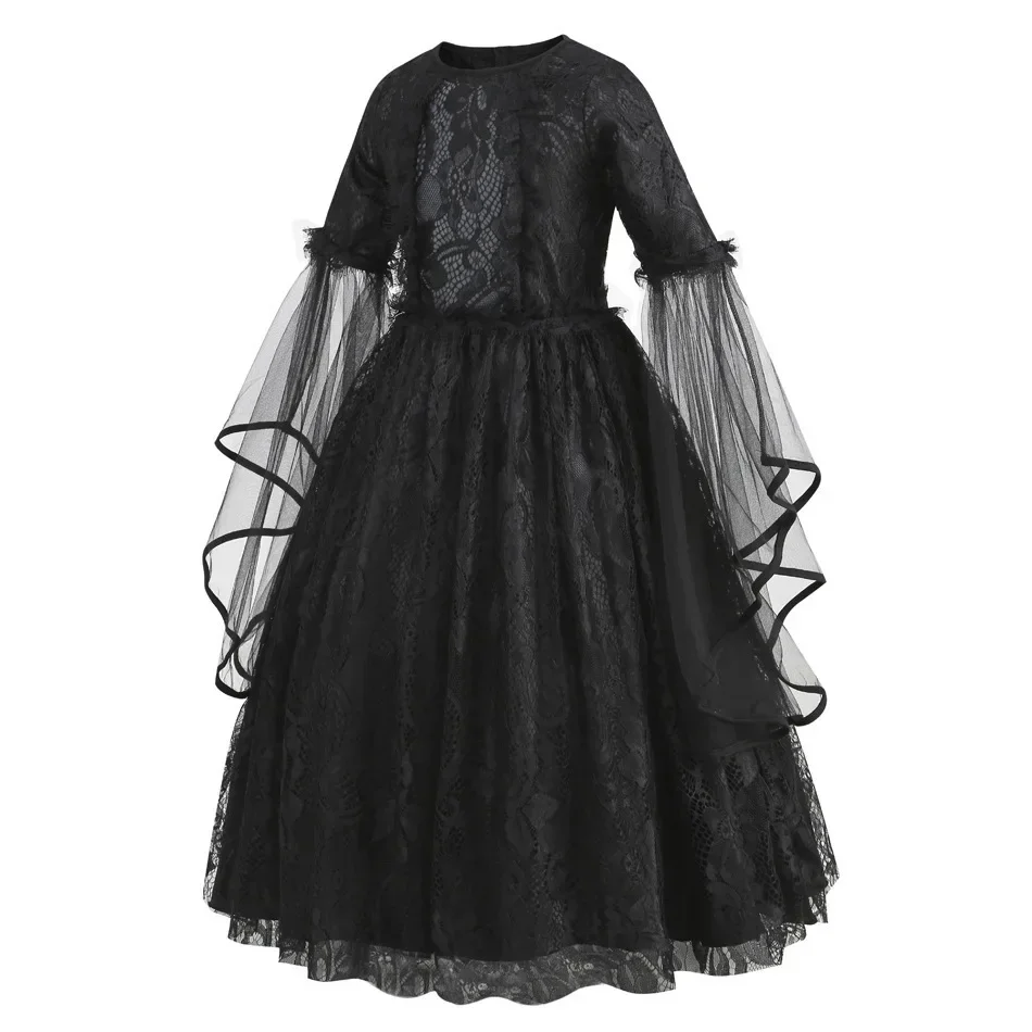 Girls Gothic Dark Ghost Bride Costume Long Sleeve Lace Tulle Dress Red Rose Flower Veil Kid Halloween Cosplay Party Fancy Outfit