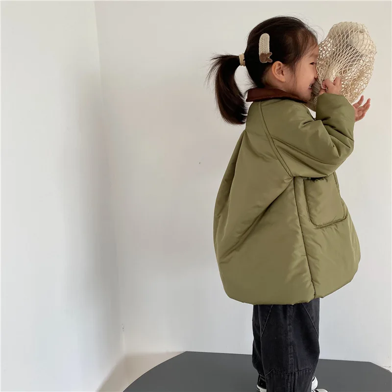 Boys Children Solid Long Cotton-padded Jacket Turn-down Collar Corduroy Thick Cardigan Girls Warm Comfortable Outwear Coat