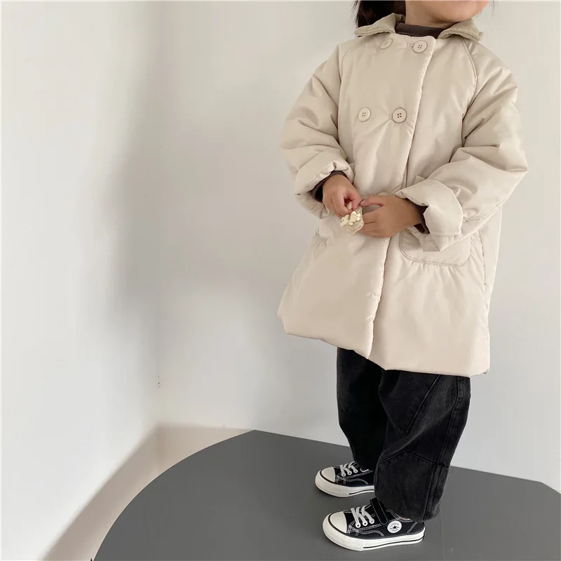 Boys Children Solid Long Cotton-padded Jacket Turn-down Collar Corduroy Thick Cardigan Girls Warm Comfortable Outwear Coat