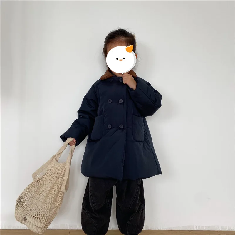 Boys Children Solid Long Cotton-padded Jacket Turn-down Collar Corduroy Thick Cardigan Girls Warm Comfortable Outwear Coat