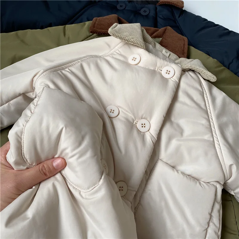 Boys Children Solid Long Cotton-padded Jacket Turn-down Collar Corduroy Thick Cardigan Girls Warm Comfortable Outwear Coat