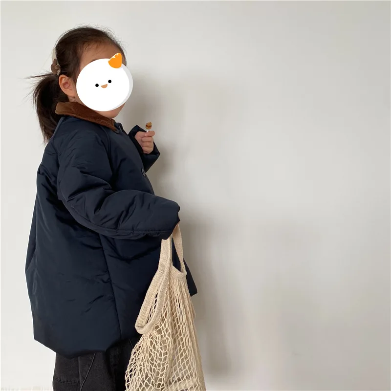 Boys Children Solid Long Cotton-padded Jacket Turn-down Collar Corduroy Thick Cardigan Girls Warm Comfortable Outwear Coat