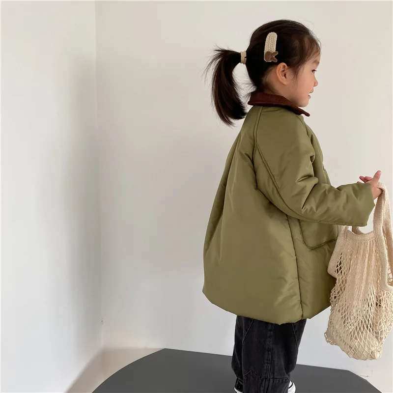 Boys Children Solid Long Cotton-padded Jacket Turn-down Collar Corduroy Thick Cardigan Girls Warm Comfortable Outwear Coat
