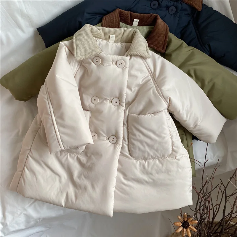 Boys Children Solid Long Cotton-padded Jacket Turn-down Collar Corduroy Thick Cardigan Girls Warm Comfortable Outwear Coat