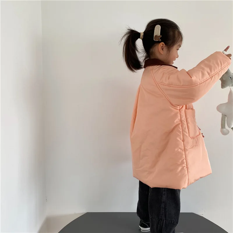 Boys Children Solid Long Cotton-padded Jacket Turn-down Collar Corduroy Thick Cardigan Girls Warm Comfortable Outwear Coat