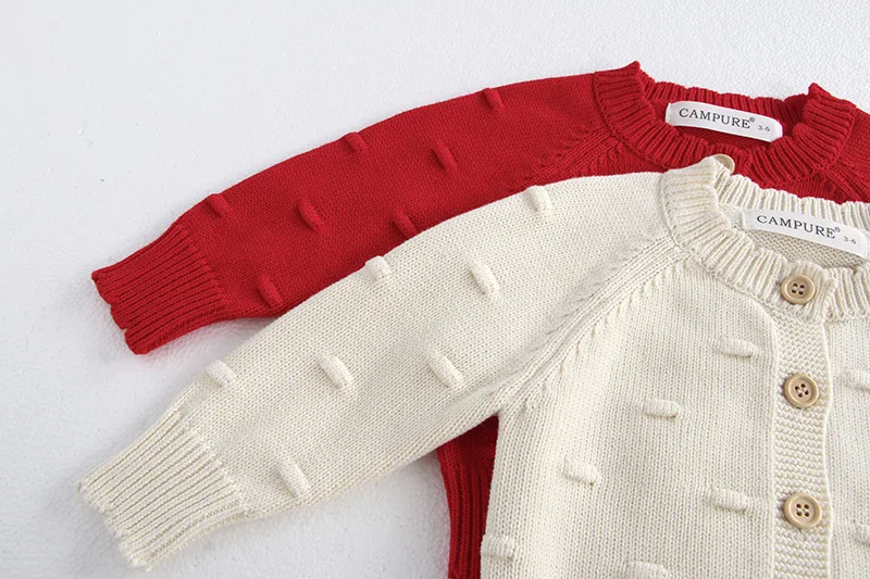 MiniAinis Autumn Winter New Baby Knitted Jacket With Hat Included Girls Knit Bubble Ball Sweater Girls Beige Red Coat Cap 2 PCS