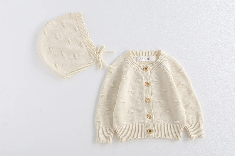 MiniAinis Autumn Winter New Baby Knitted Jacket With Hat Included Girls Knit Bubble Ball Sweater Girls Beige Red Coat Cap 2 PCS
