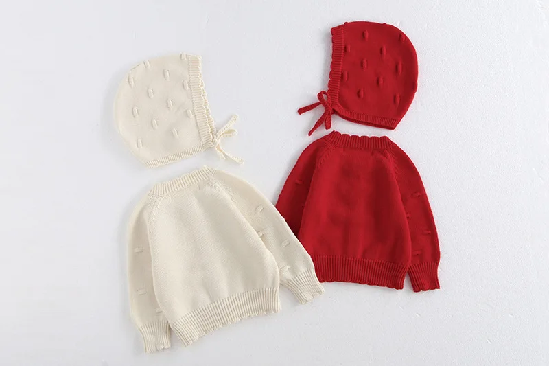 MiniAinis Autumn Winter New Baby Knitted Jacket With Hat Included Girls Knit Bubble Ball Sweater Girls Beige Red Coat Cap 2 PCS