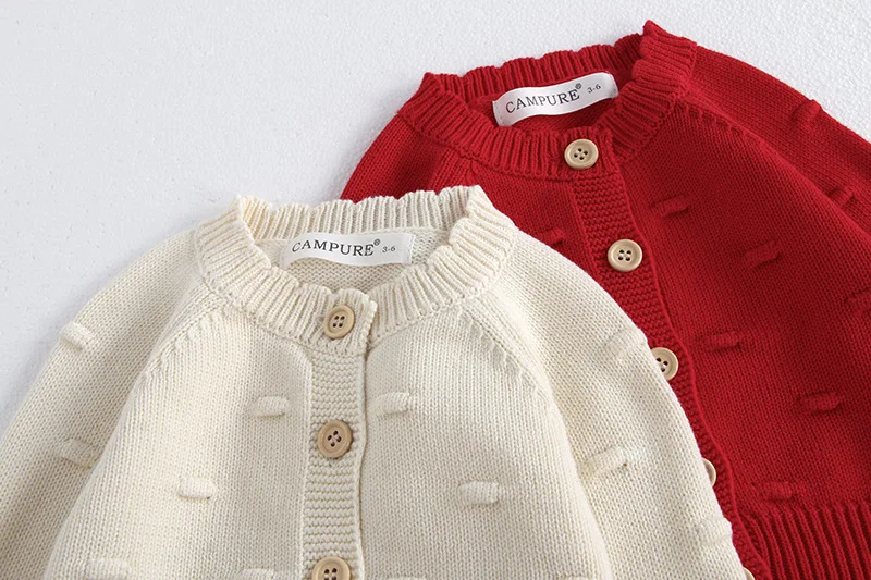 MiniAinis Autumn Winter New Baby Knitted Jacket With Hat Included Girls Knit Bubble Ball Sweater Girls Beige Red Coat Cap 2 PCS