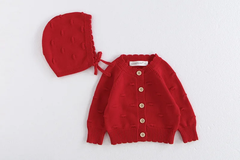 MiniAinis Autumn Winter New Baby Knitted Jacket With Hat Included Girls Knit Bubble Ball Sweater Girls Beige Red Coat Cap 2 PCS