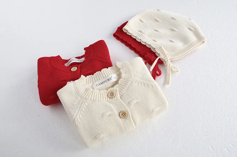 MiniAinis Autumn Winter New Baby Knitted Jacket With Hat Included Girls Knit Bubble Ball Sweater Girls Beige Red Coat Cap 2 PCS